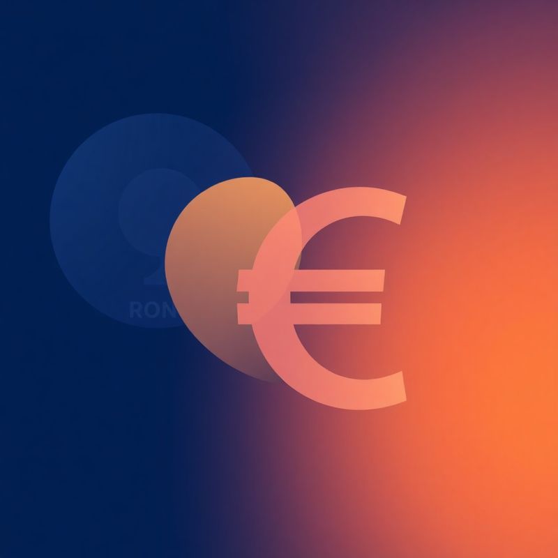 Compoziție abstractă indigo cu simboluri RON și EUR suprapuse
