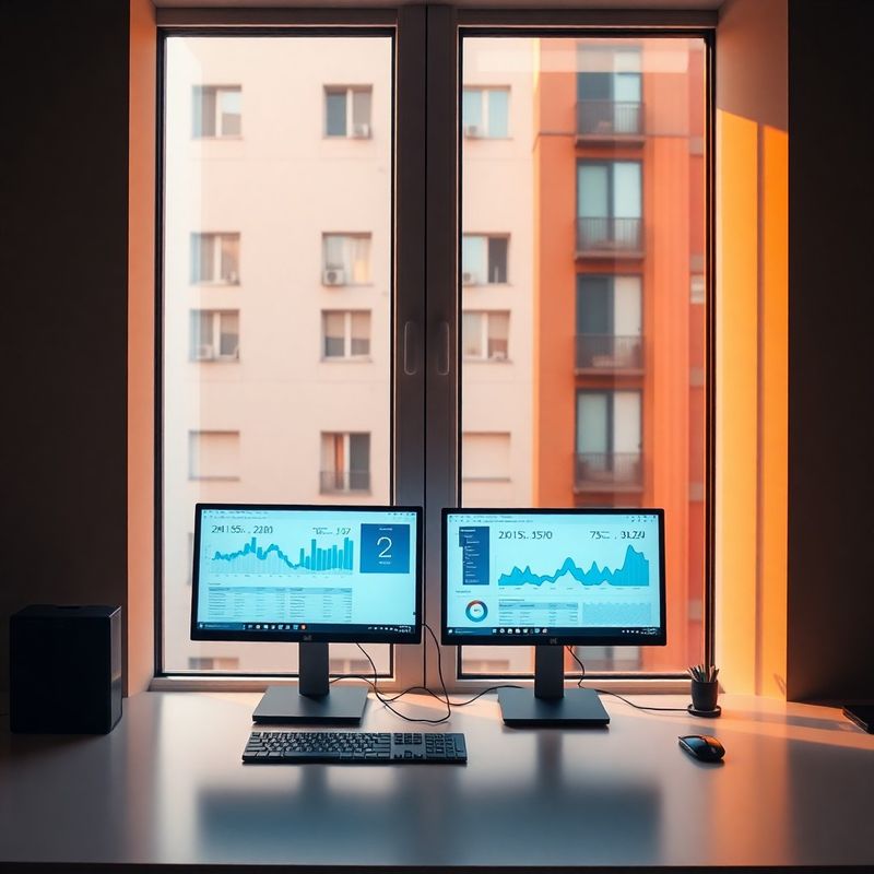 Spațiu de lucru minimalist cu două monitoare afișând tablouri de date