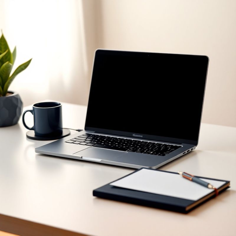 Birou minimalist cu laptop, cană de cafea și carnet
